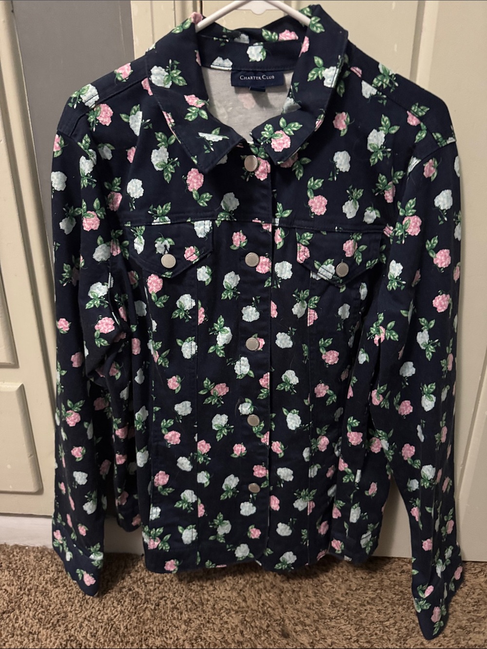Charter Club Navy Floral Button-Front Jean Jacket